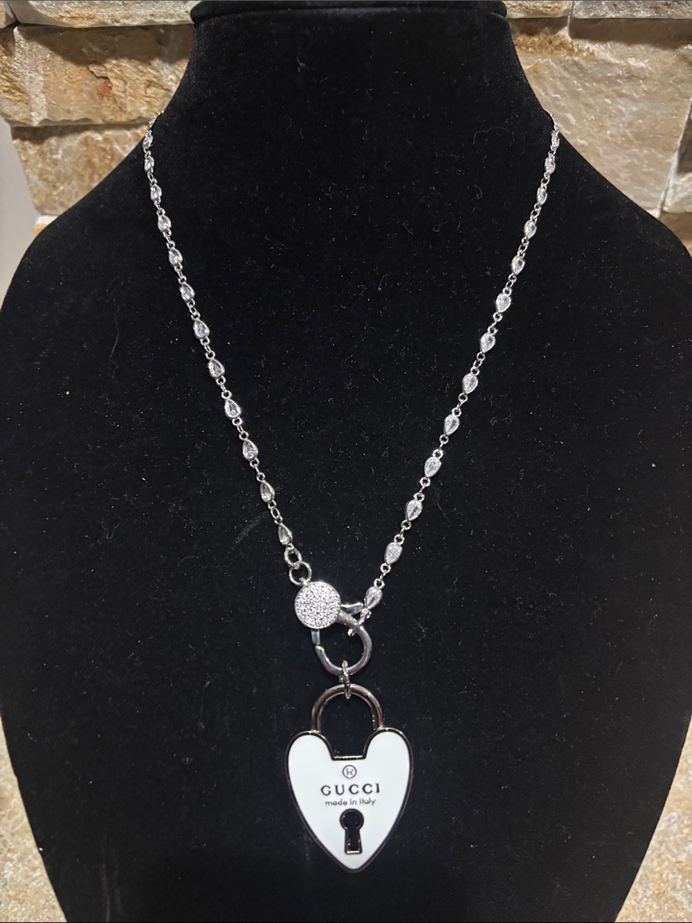 Silver & Crystal Station Chain with a GG White Heart Padlock Pendant
